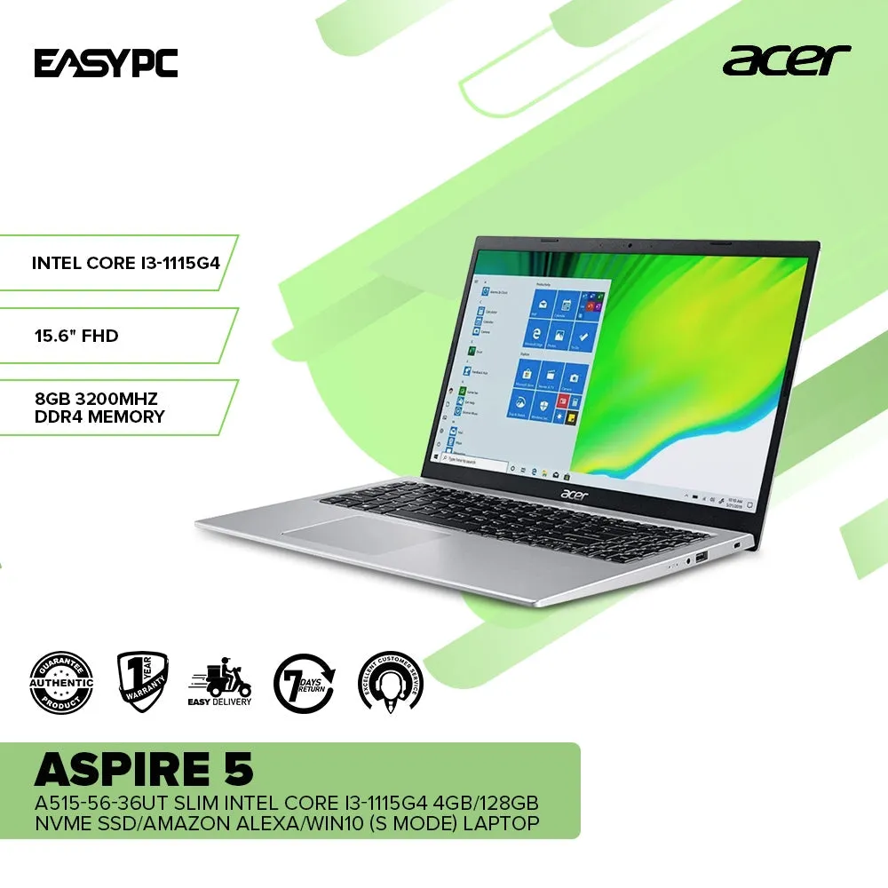 Acer Aspire 5 A515-56-36UT Slim  Intel Core i3-1115G4/4GB/128GB NVMe SSD/Win11(S mode) Laptop PS