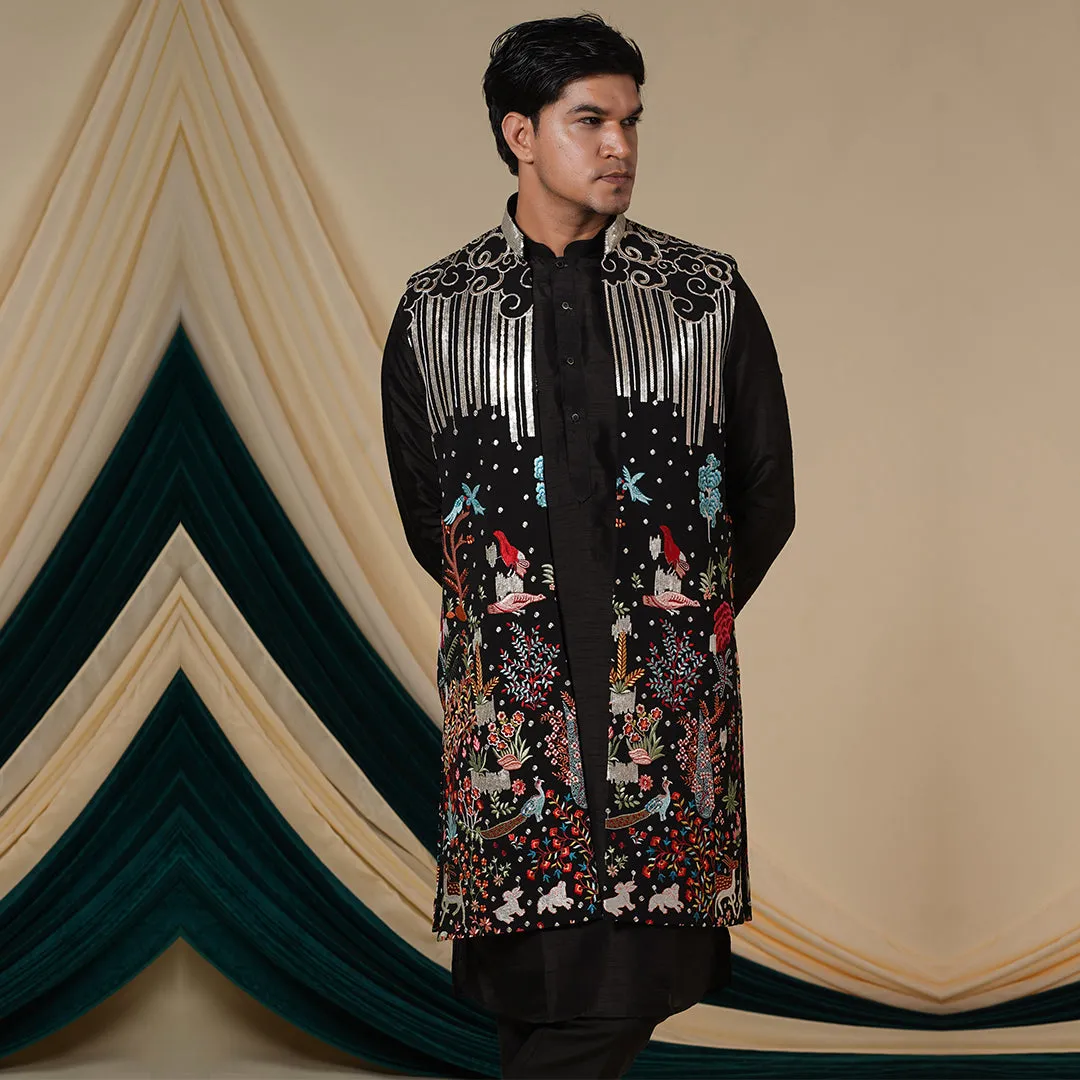 Black Georgette With Multicolour Sequins  Embroidery Kurta Set With Jacket