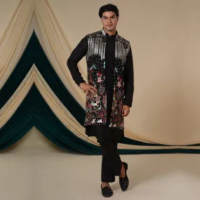 Black Georgette With Multicolour Sequins  Embroidery Kurta Set With Jacket