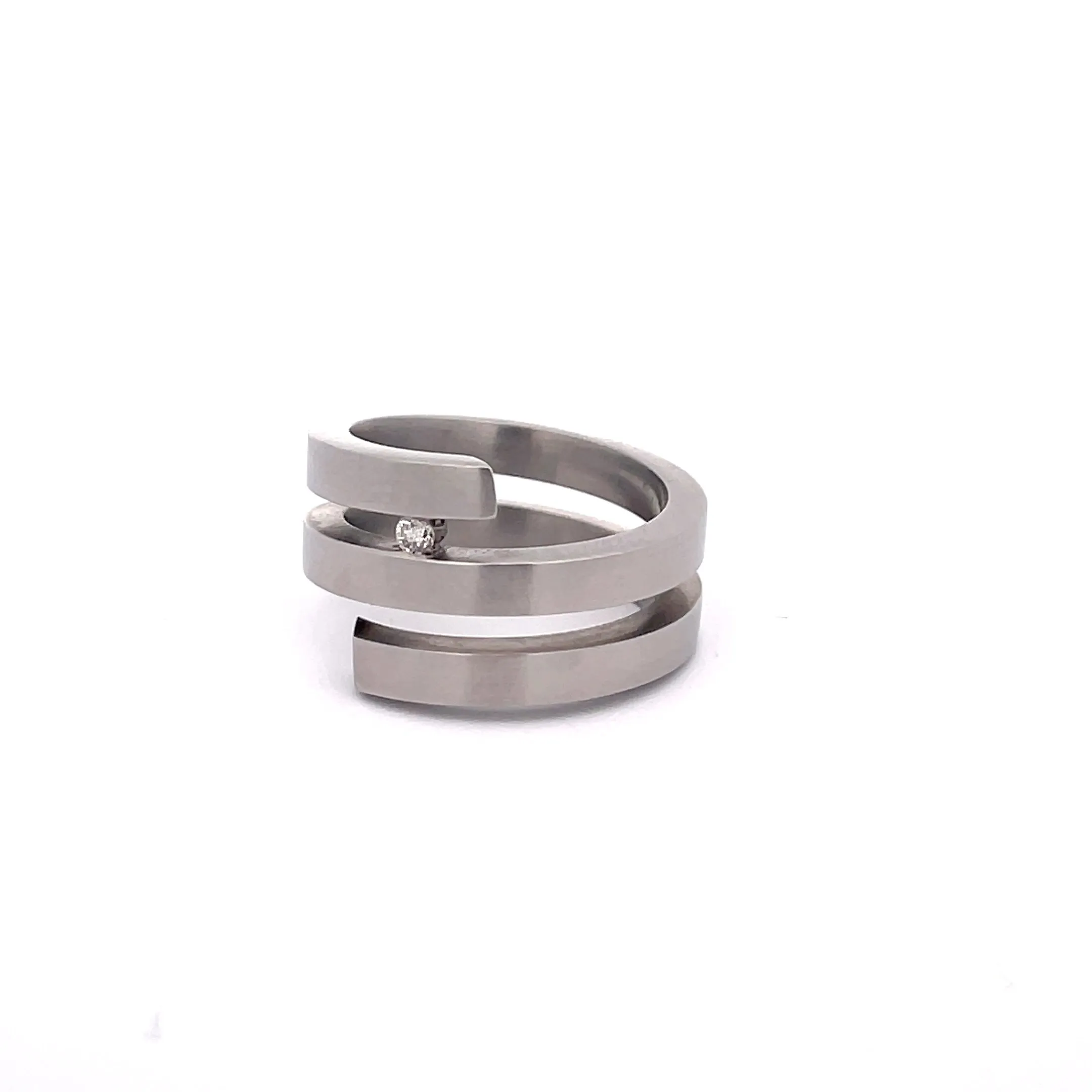 Brushed Stainless Steel Coil Diamond Ring Size N