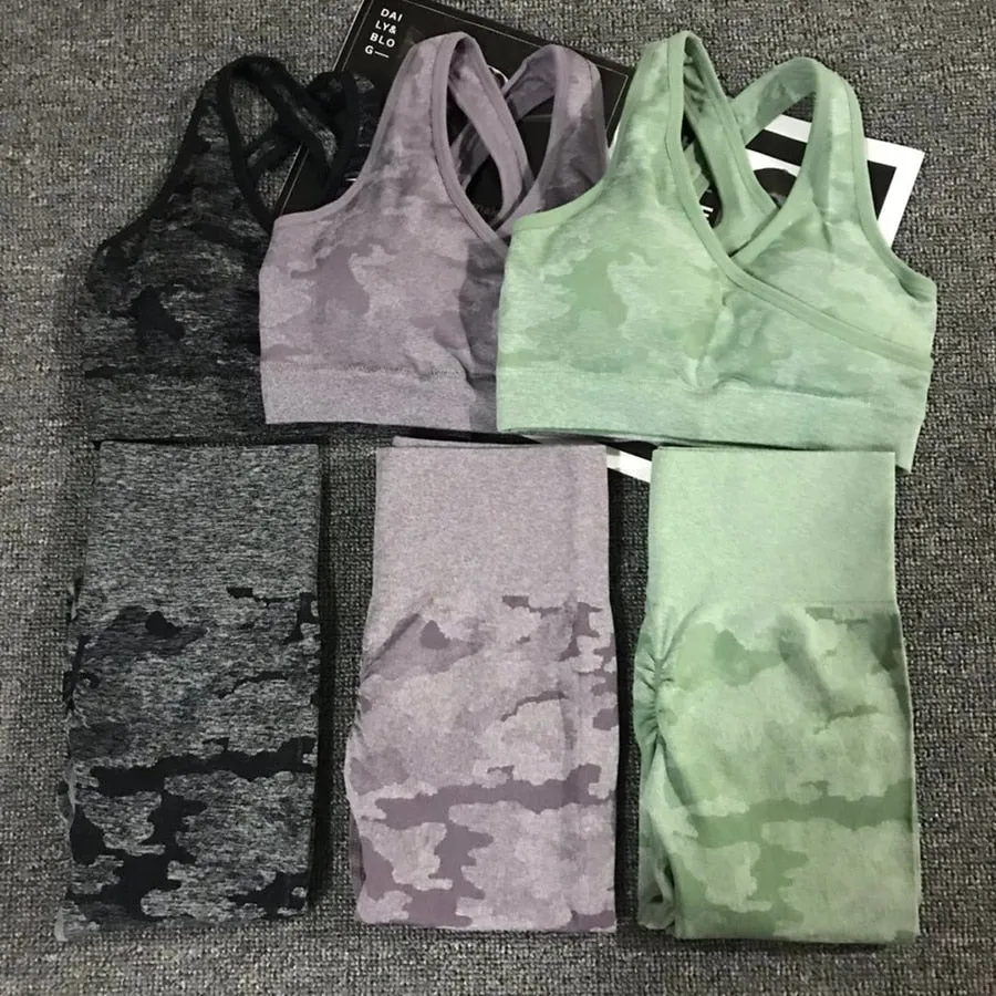 Camo Seamless Yoga Set Women Fitness Clothing Booty Yoga Leggings High Impact Sport Bra 2 Pcs Sports Suits Women Gym Tracksuit