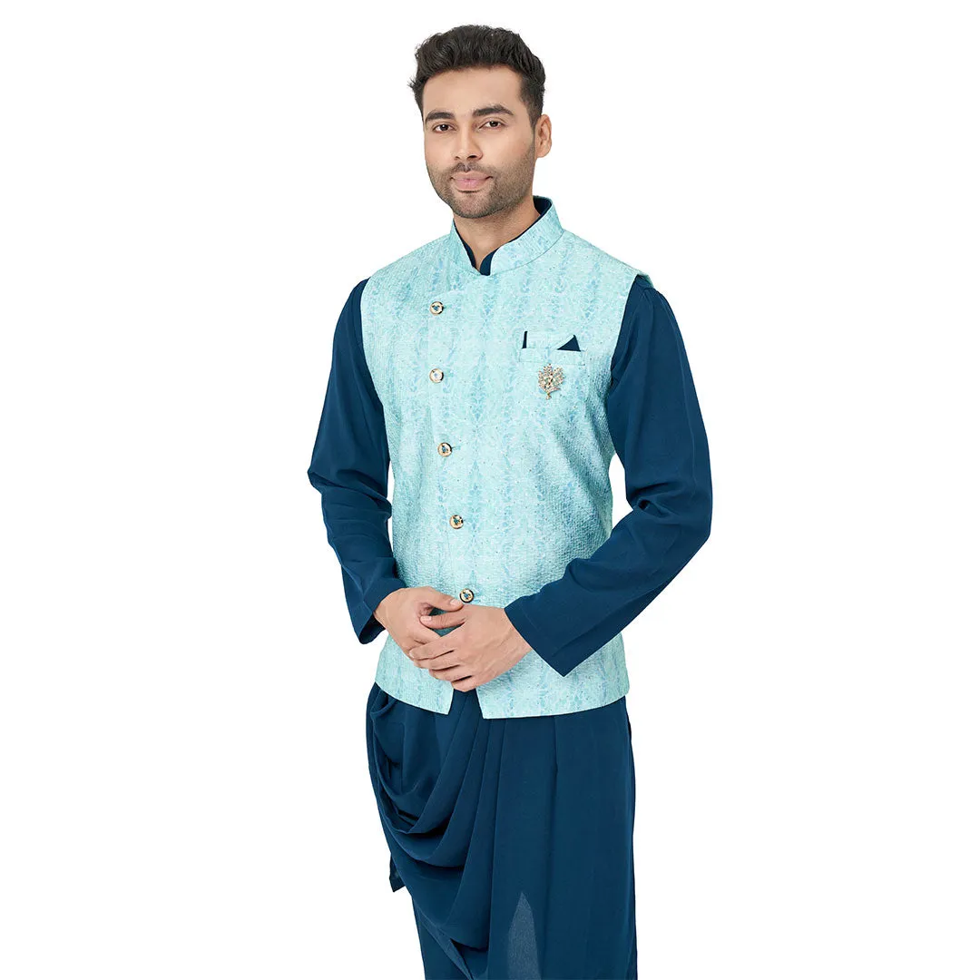 Exquisite Men's Blue Jacket Set With Embroidery And Sequins Work