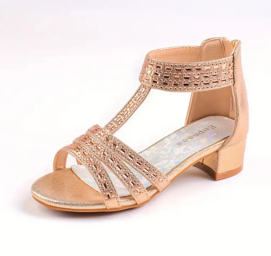 “Gems” Girls Sandals, Low Heels, Ankle Strap, Open Toe 