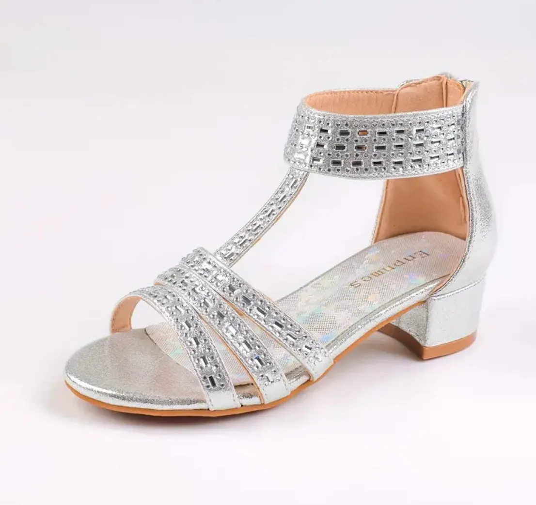 “Gems” Girls Sandals, Low Heels, Ankle Strap, Open Toe 