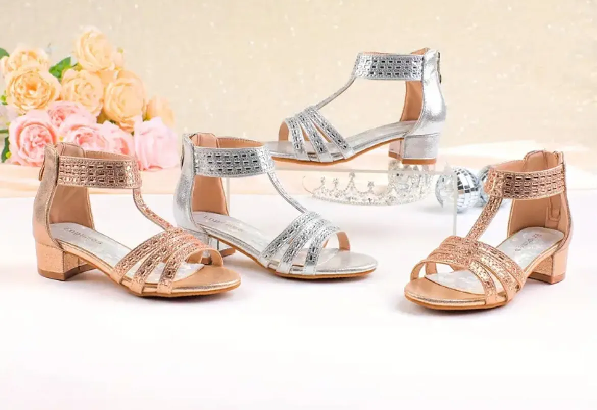 “Gems” Girls Sandals, Low Heels, Ankle Strap, Open Toe 