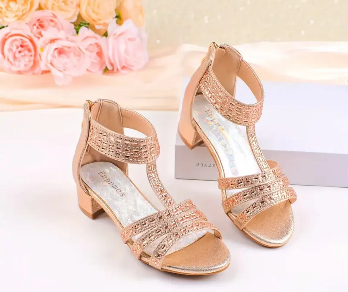 “Gems” Girls Sandals, Low Heels, Ankle Strap, Open Toe 