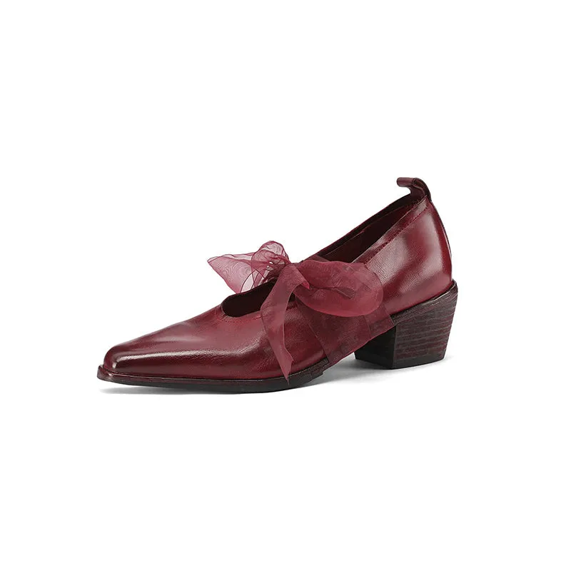 Handmade Horse Leather Pumps For Women Point Toe Mid Heel in Wine Red/Red-Brown/Khaki/Black