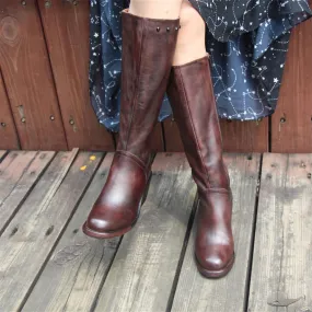 Handmade Leather Knee High Boots  Block Heel Biker Boots Retro Rivet