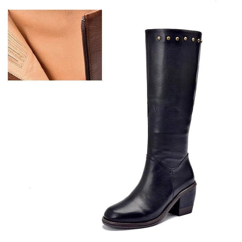 Handmade Leather Knee High Boots  Block Heel Biker Boots Retro Rivet