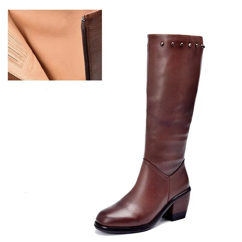 Handmade Leather Knee High Boots  Block Heel Biker Boots Retro Rivet