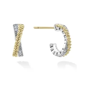 LAGOS .08CTW Diamond Caviar Lux Small X Diamond Hoop Earrings in Sterling Silver and 18K Yellow Gold