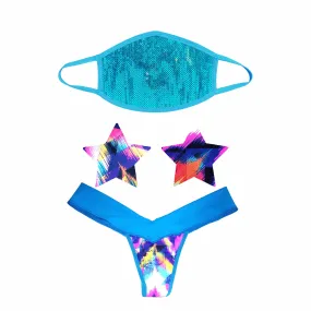 Mahi Mahi Blue Sequin Sparkle Face Mask Pastie and Pantie Lingerie Set