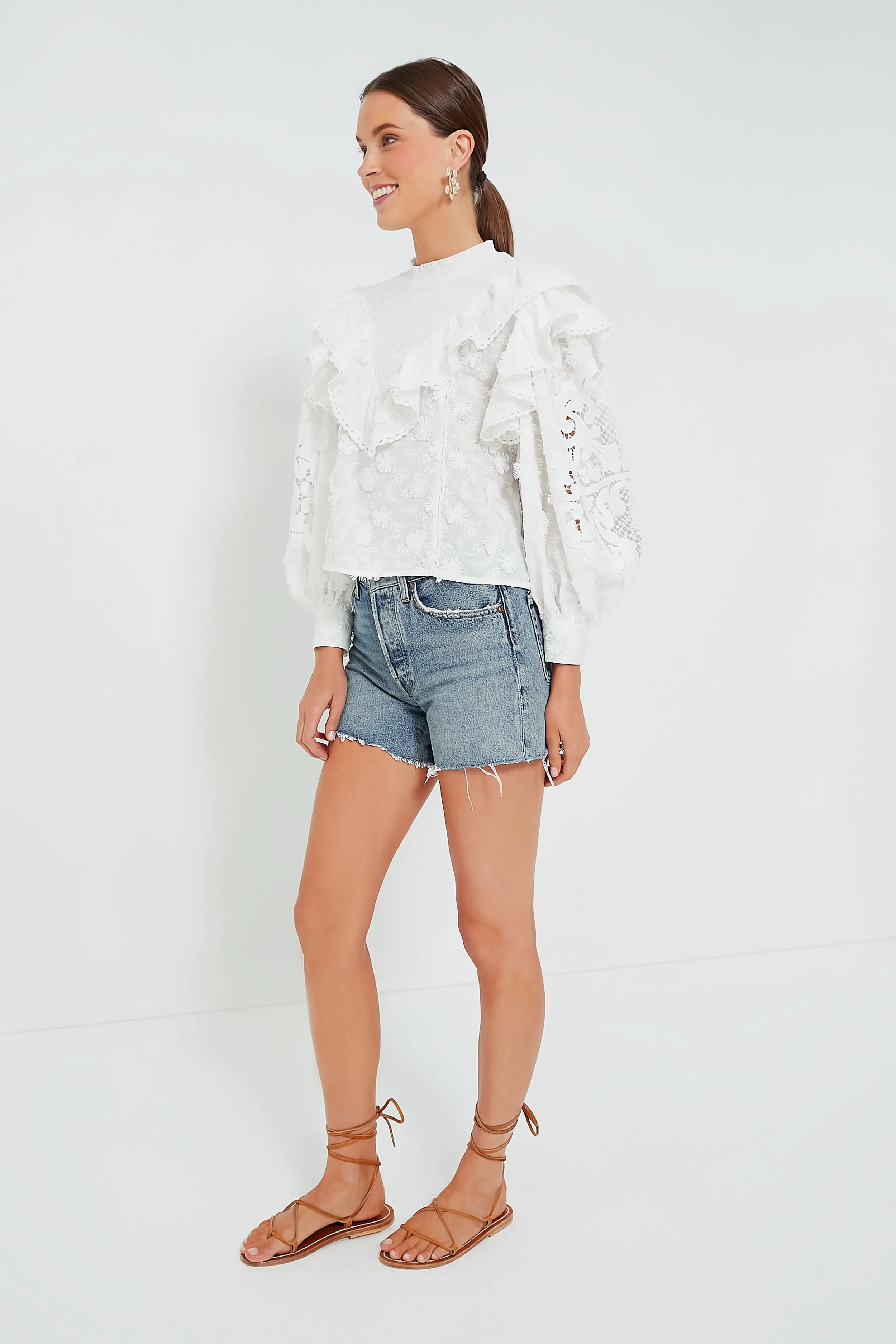 Off White Smocked Yoke 3D Flower Blouse