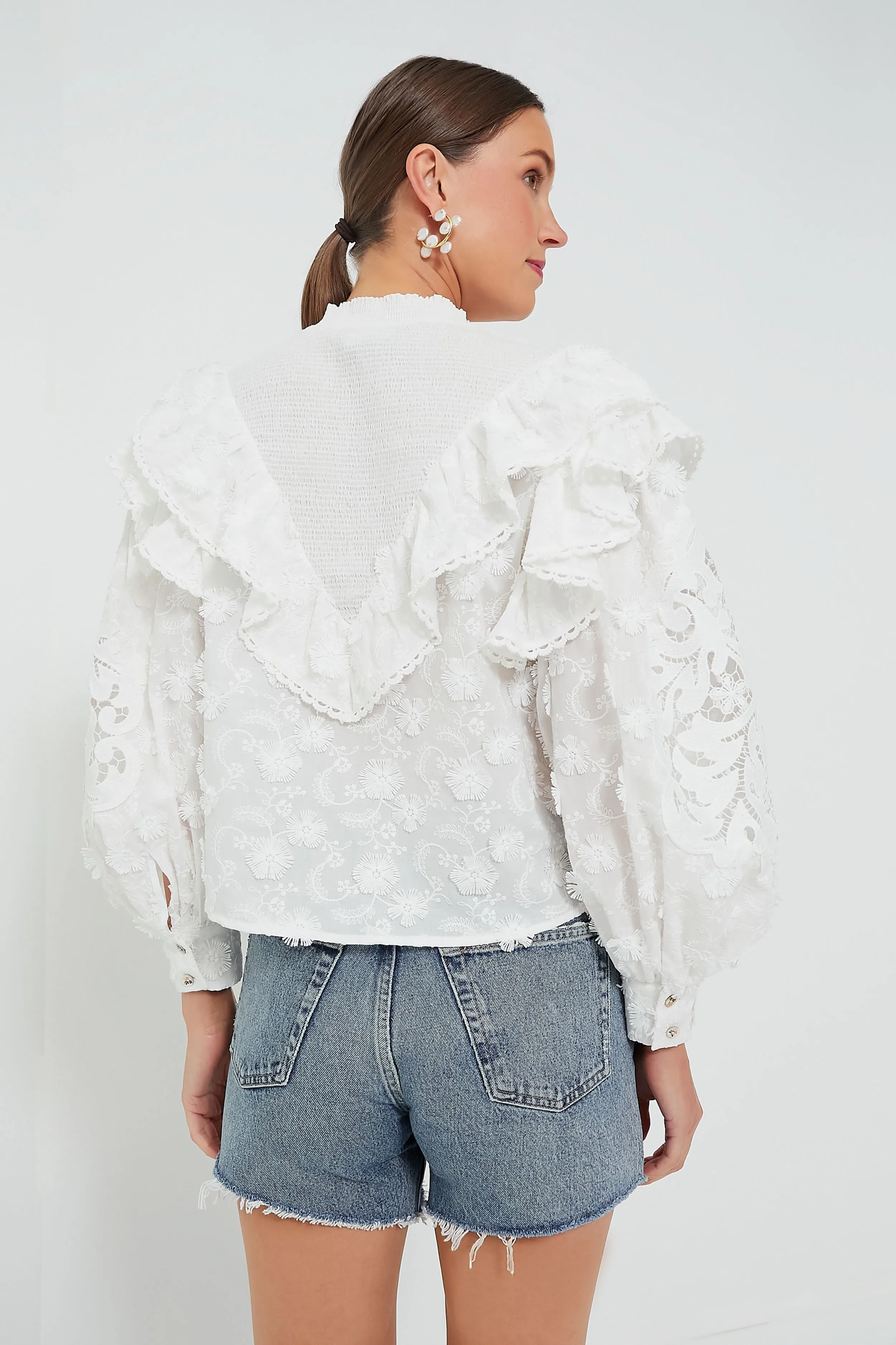 Off White Smocked Yoke 3D Flower Blouse