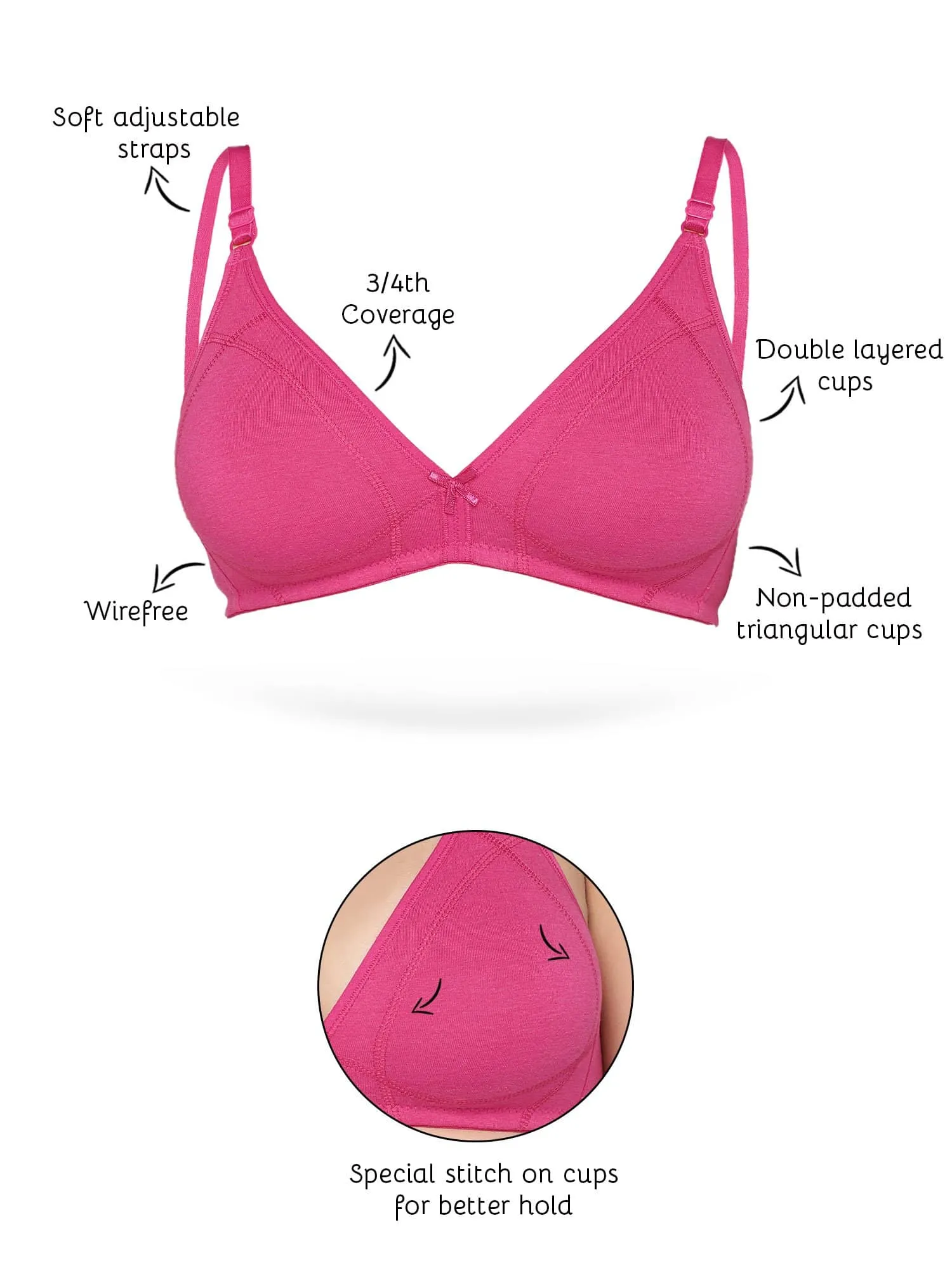 Organic Cotton Antimicrobial Seamless Triangular Bra with Supportive Stitch-ISB099-Fuschia-