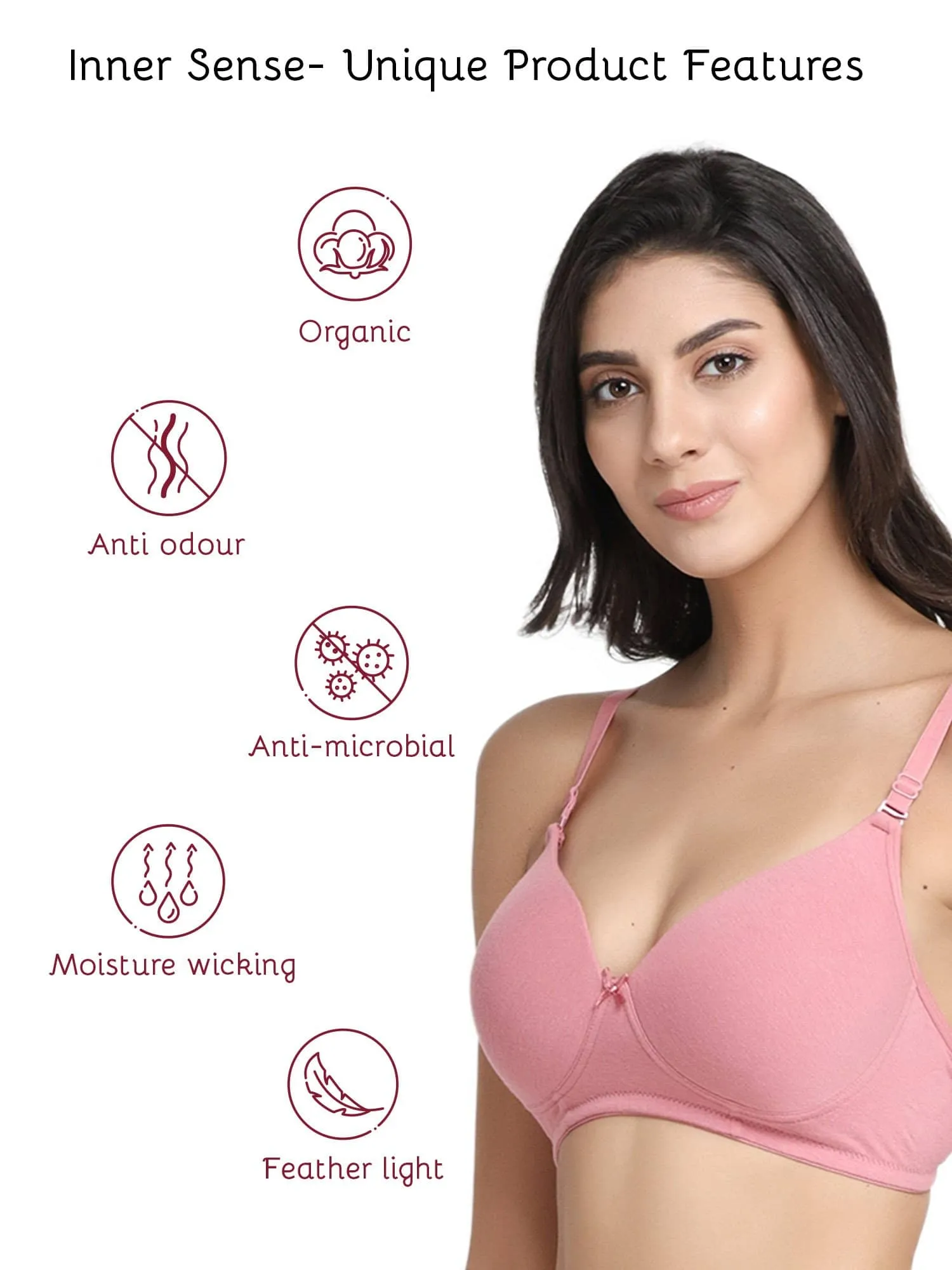 Organic Cotton  Antimicrobial Wire-free Padded Bra (Pack of 3)-ISB068-Mauve_Mauve_M.White-