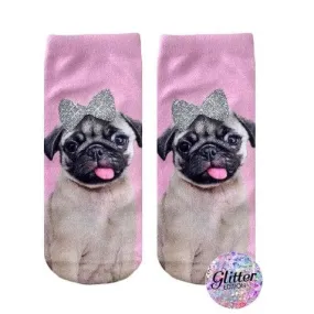 Pug With Bow Glitter Ankle Socks