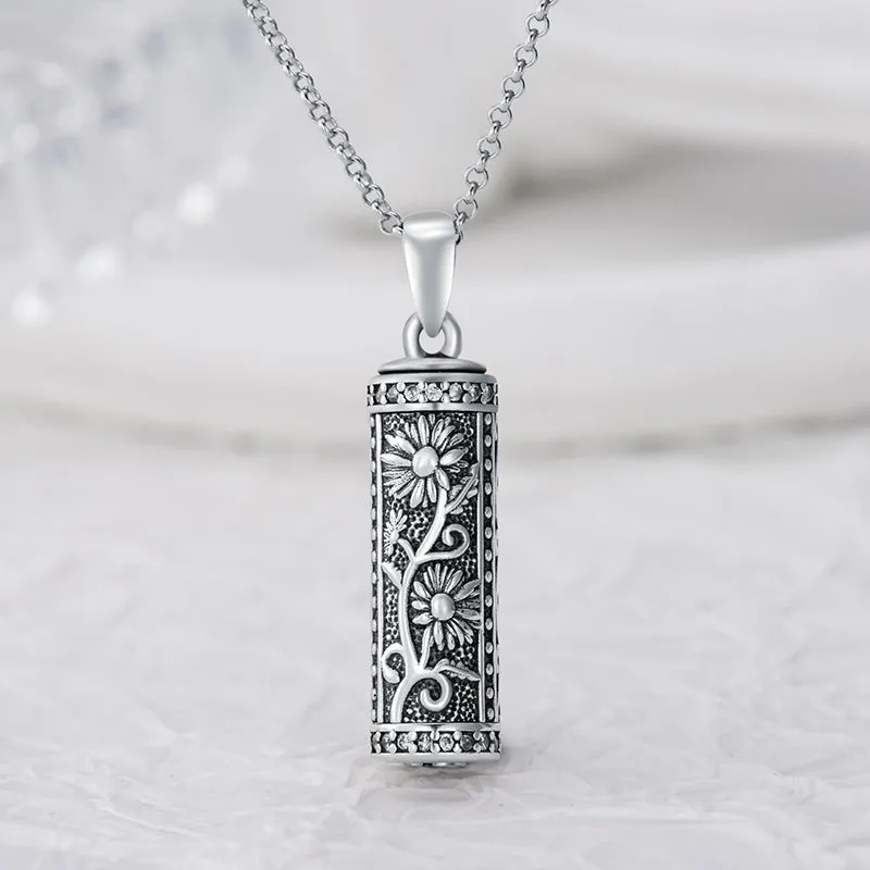 Sterling Silver Hollow Cylinder Rose Daisy Urn Necklace for Ashes