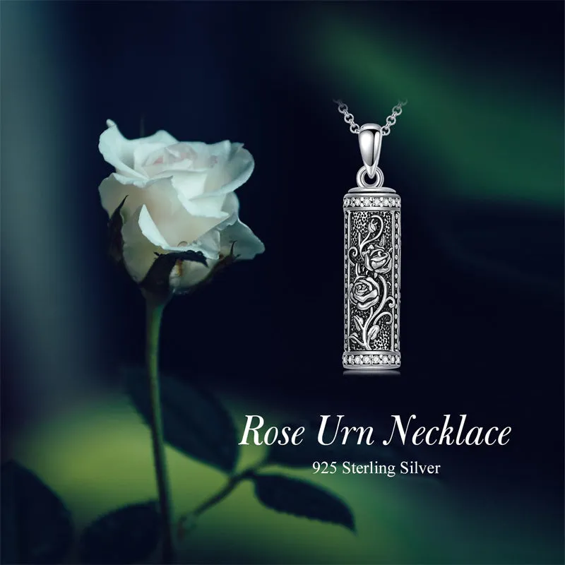 Sterling Silver Hollow Cylinder Rose Daisy Urn Necklace for Ashes