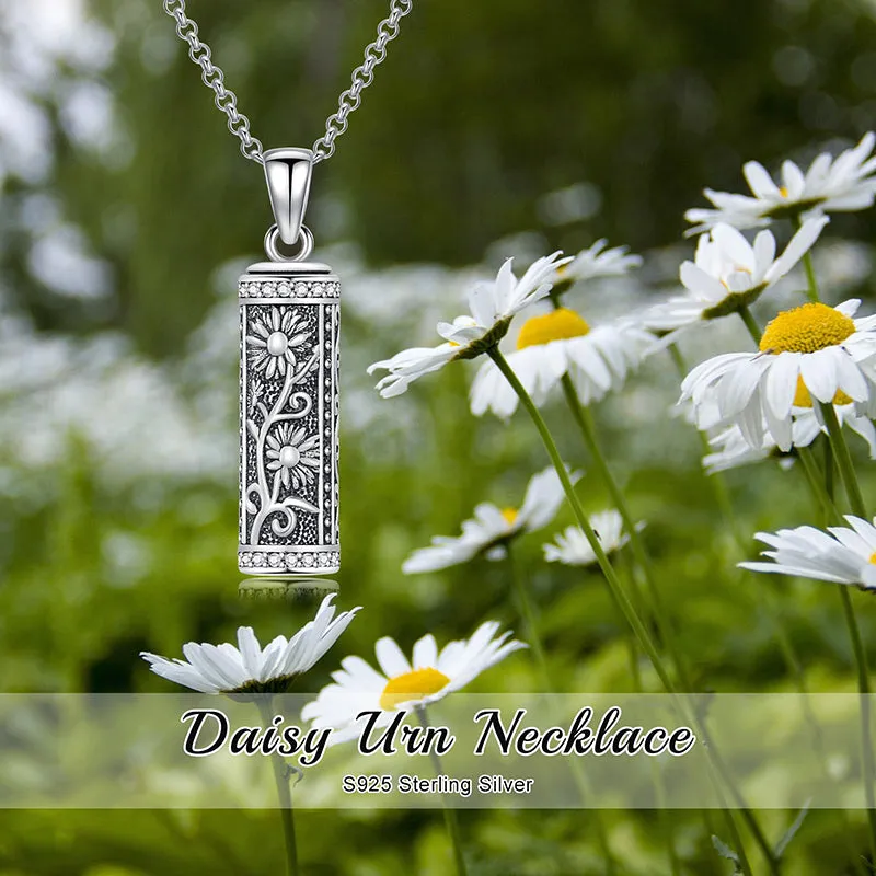 Sterling Silver Hollow Cylinder Rose Daisy Urn Necklace for Ashes