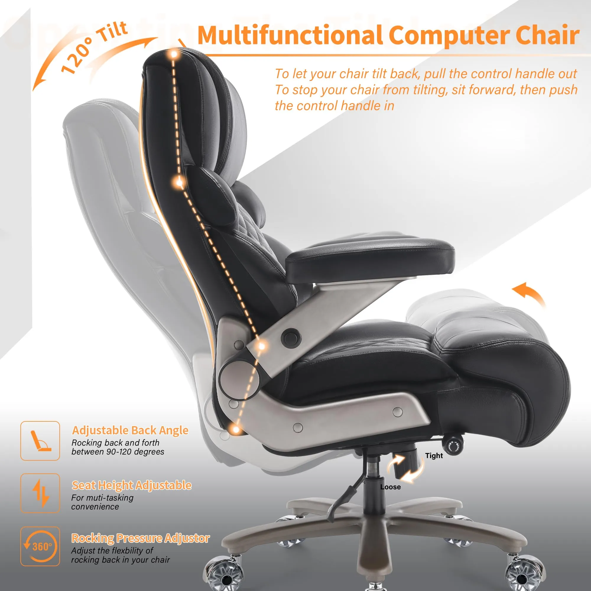 VUZI 500lbs Big and Tall Office Chair-Large Computer Chair with Adjustable Lumbar Support 3D Flip Arms Plus Size Wheels, High Back Executive Desk Chair, Heavy Duty Metal Base, Thick Padded Wide Seat